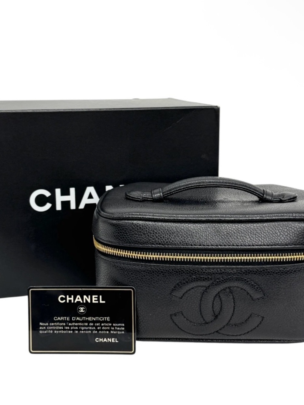 CHANEL Vintage Black CC Embossed Leather Vanity Case with Gold Zipper FULL SET
